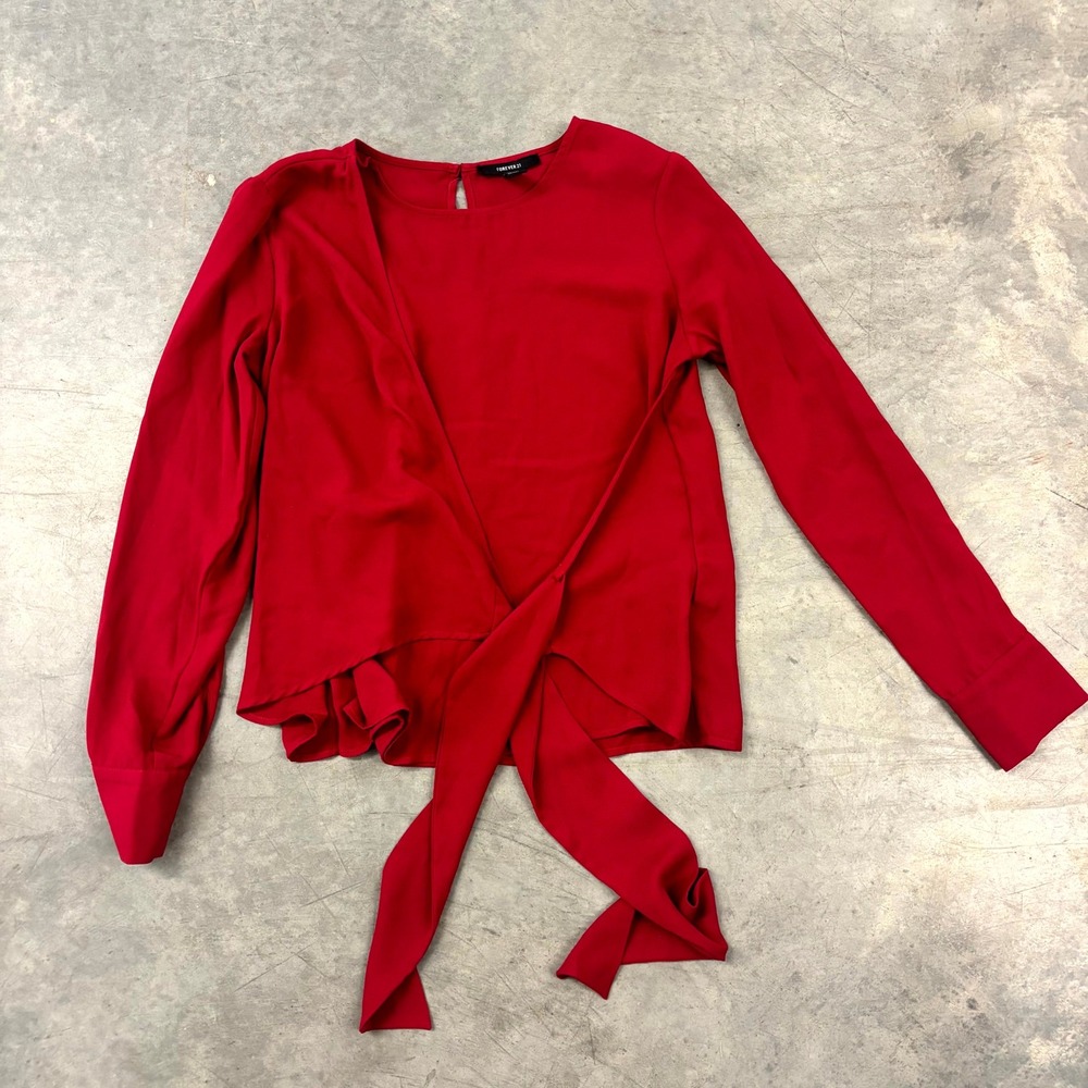 Forever 21 Red Wrap Tie Front Blouse Womens Medium Long Sleeve Lightweight Top